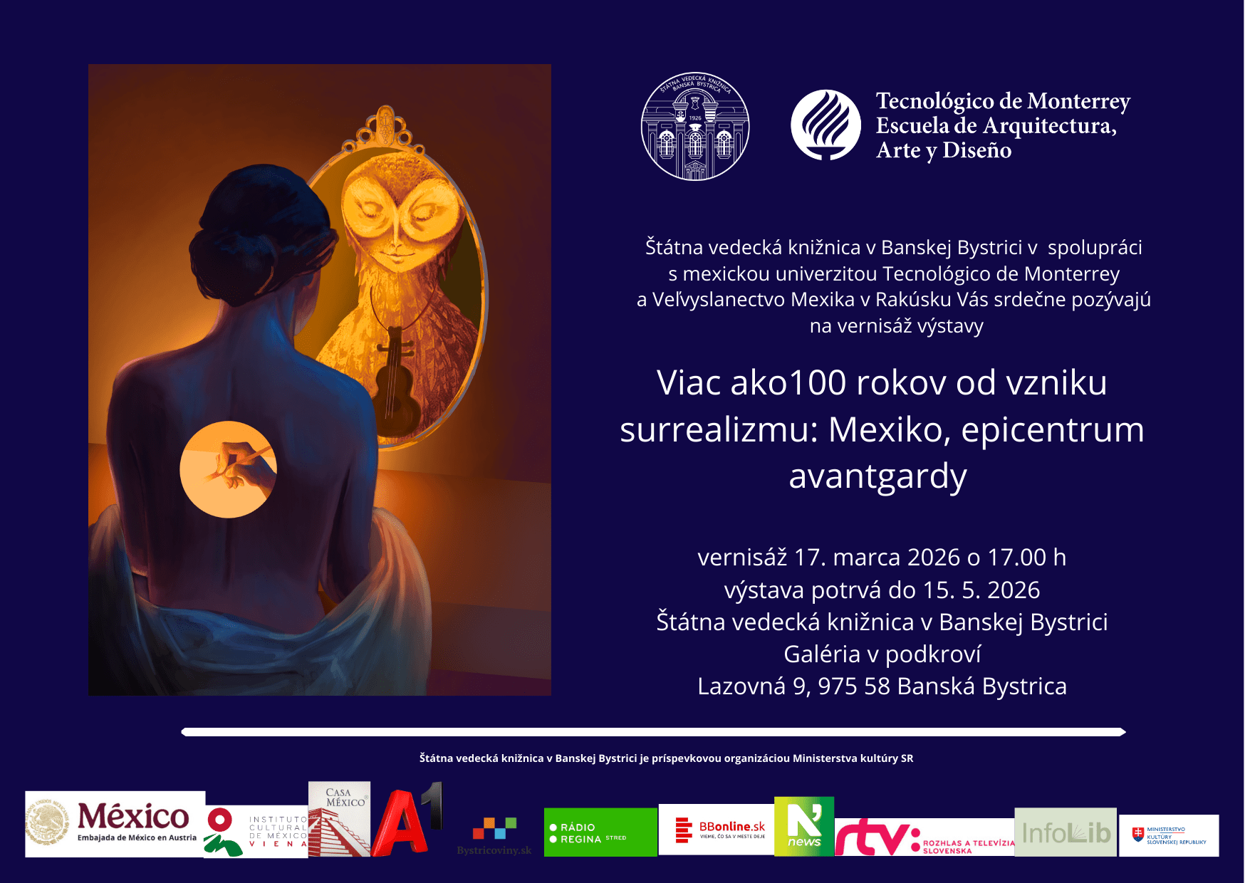 plagát k výstave Viac ako 100 rokov od vzniku surrealizmu: Mexiko, epicentrum avantgard