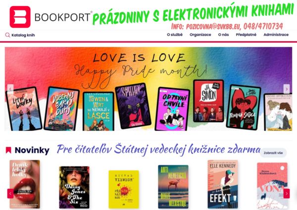 Plagát Bookport, prázdniny s elektronickými knihami. Pre čitateľov ŠVKBB zadarmo. kontakt pozicovna@svkbb.eu alebo telefonicky 048/4710734